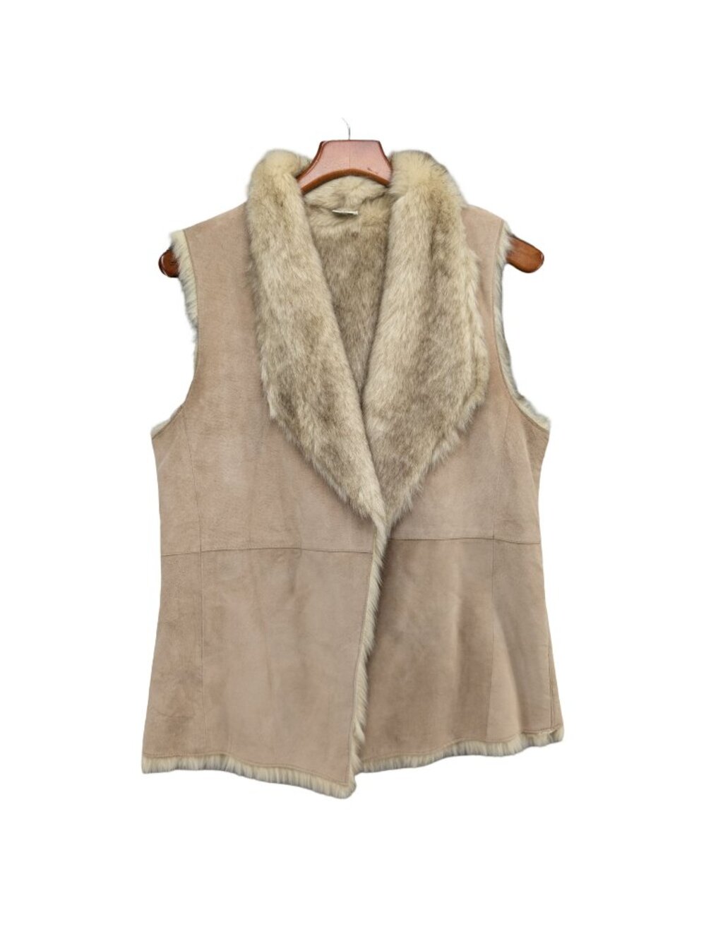 Ecru Leather Vest Womens Beige Natural Faux Fur Lined Open Front Size L
